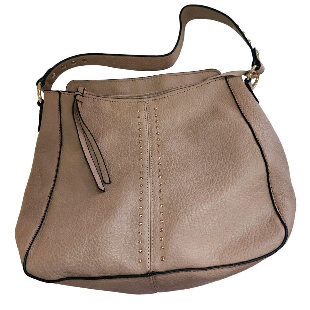 Montana West Beige Pebbled Faux Leather Studded Hobo Bag